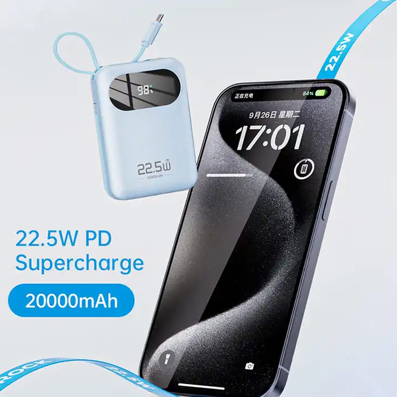 Picture of Rock Y11 Mini Compact Size PD 20W 20000mAh Travel Portable Small Palm Size Compact Mini Power Bank powerbank with Multiple Built in Cable USB C USB L (Black)