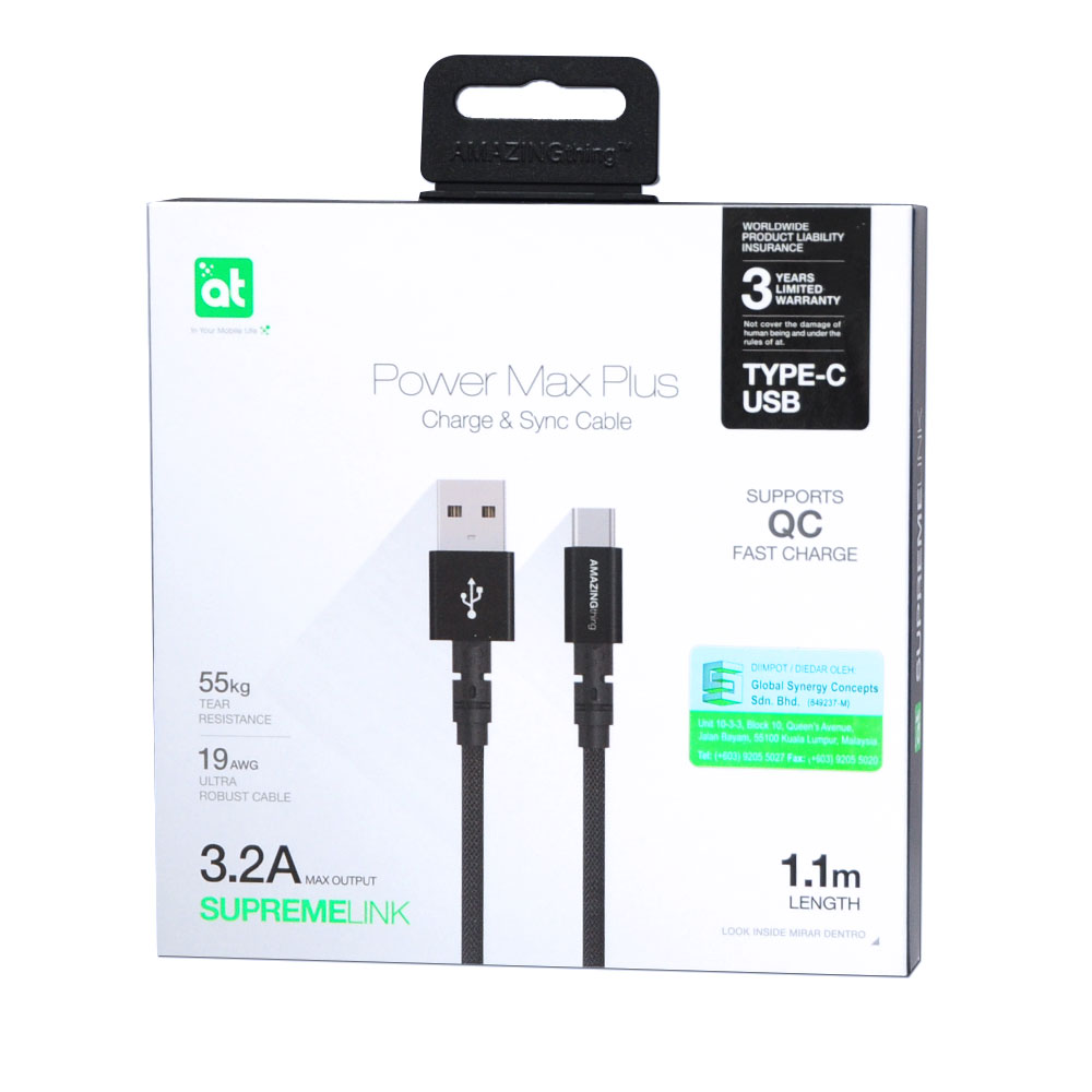 Picture of Amazingthing Supremelink Power Max Plus Type-C USB Cable 3.2A Max Support QC Fast Charge with for Huawei Samsung Oppo 110cm (Black)