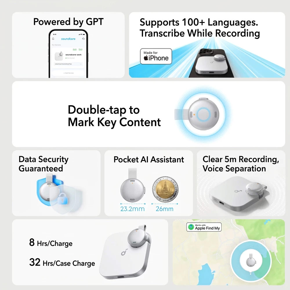 Picture of Soundcore by Anker Work Portable AI Voice Recorder with AI Transcription & Summarization Cross-Meeting Summary MFi Certified (White)