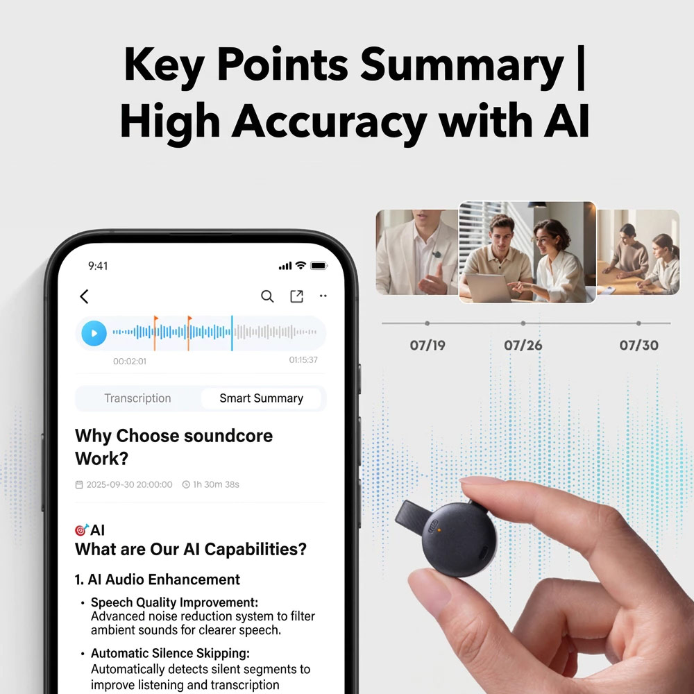 Picture of Soundcore by Anker Work Portable AI Voice Recorder with AI Transcription & Summarization Cross-Meeting Summary MFi Certified (White)