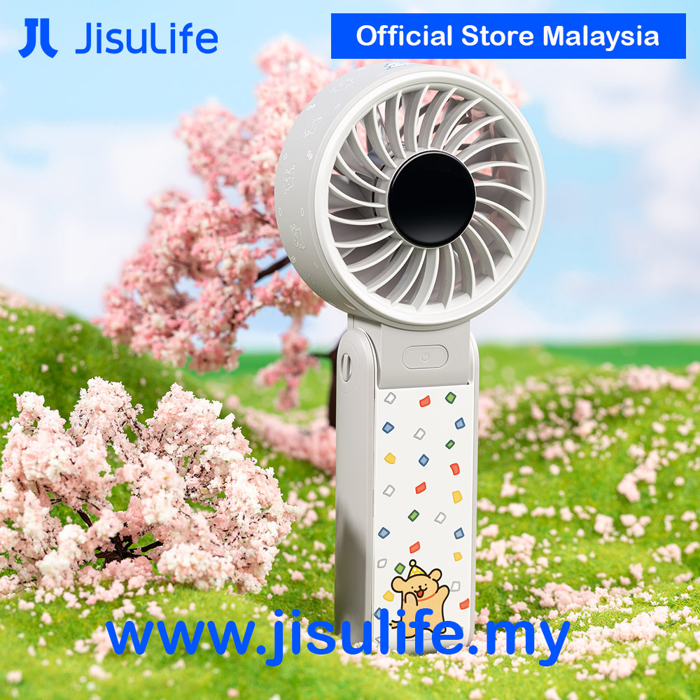 Picture of Jisulife Maltese Dog Series Malaysia 3 in 1 Handheld Fan Life7 Powerful Portable Fan with LED Display Foldable as Desk Fan Hangable as Neck Fan (5000mAh Light Grey)