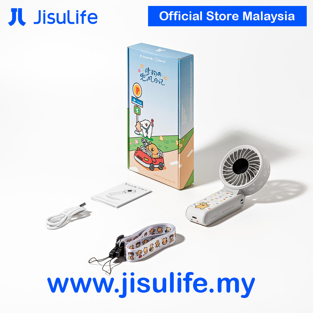 Picture of Jisulife Maltese Dog Series Malaysia 3 in 1 Handheld Fan Life7 Powerful Portable Fan with LED Display Foldable as Desk Fan Hangable as Neck Fan (5000mAh Light Grey)