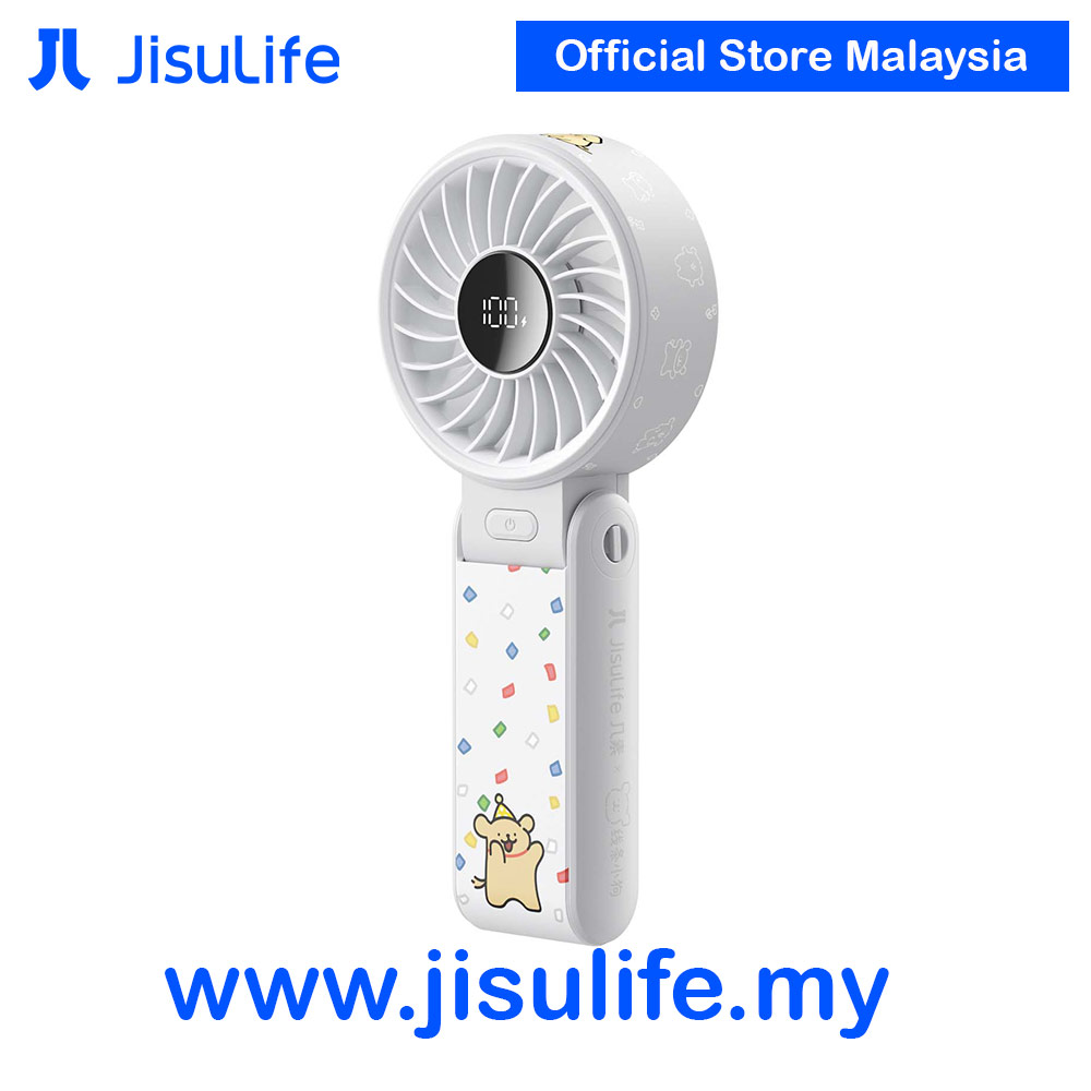 Picture of Jisulife Maltese Dog Series Malaysia 3 in 1 Handheld Fan Life7 Powerful Portable Fan with LED Display Foldable as Desk Fan Hangable as Neck Fan (5000mAh Light Grey)
