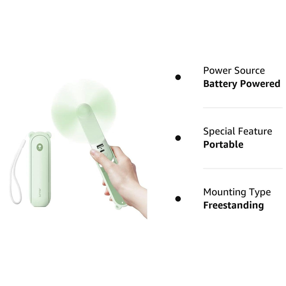 Picture of Jisulife Malaysia 3 in 1 Mini Handheld Fan USB Rechargeable Fan Power Bank with Flash Light for Office OutdoorTravel Hiking Camping  Concert Indoor Court F8X (Green)