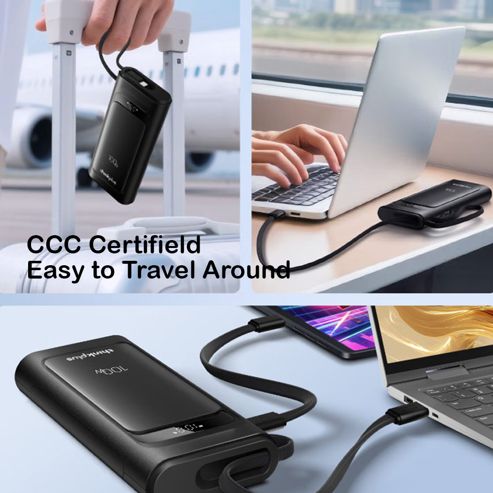 Picture of Lenovo Thinkplus Linx CCC 3C Certified Laptop Notebook Travel Power Bank Mini Size 100W Output Build In Cable (Black)
