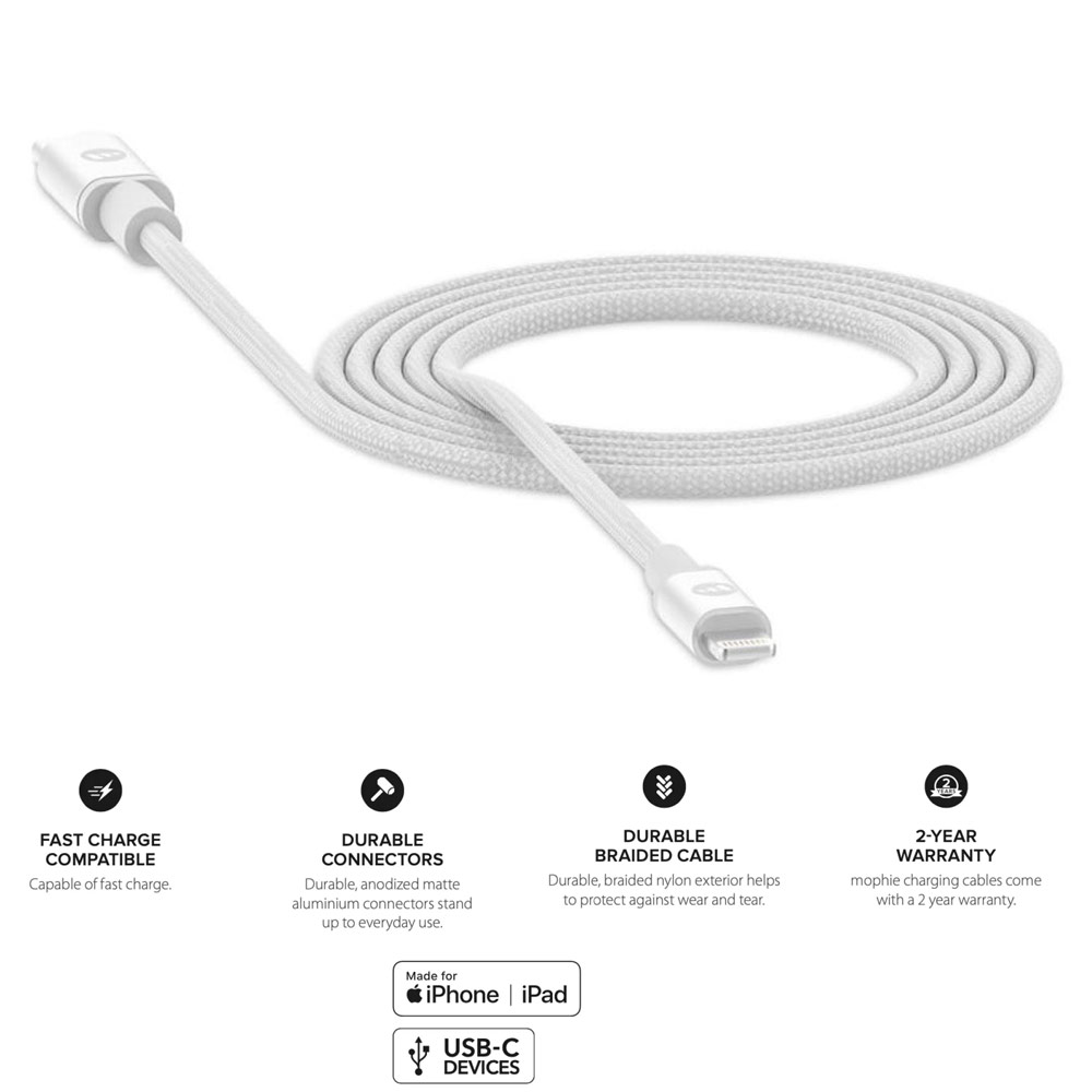 Picture of Mophie Nylon Braid Heavy Duty MFI Certified USB-C to Lightning Cable 100cm (White)