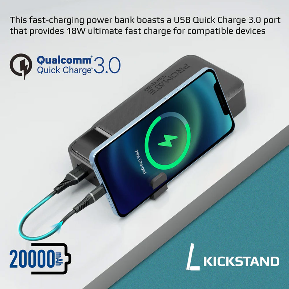 Picture of Promate 20000mAh Power Bank Powerbank 20W Power Delvey USB-C 18W QC3 USB-A with Kickstand Torq-20 (Black)