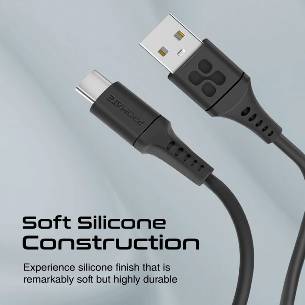 Picture of Promate Ultra Fast USB A to USB C 3A Fast Charging Soft Silicone cable for Smartphones Tablets Galaxy S22 Ultra Vivo Huawei Oppo (Black)
