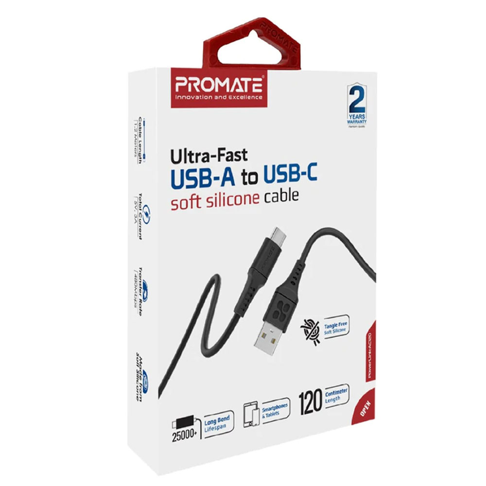 Picture of Promate Ultra Fast USB A to USB C 3A Fast Charging Soft Silicone cable for Smartphones Tablets Galaxy S22 Ultra Vivo Huawei Oppo (Black)