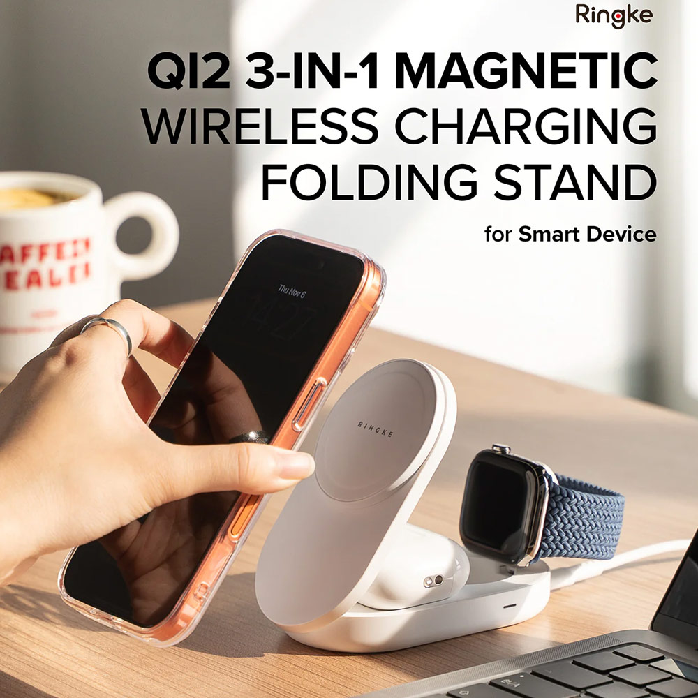 Picture of Ringke Stand Qi2 25W 3-in-1 Folding Magnetic Wireless Charger for Apple Watch iPhone Airpods