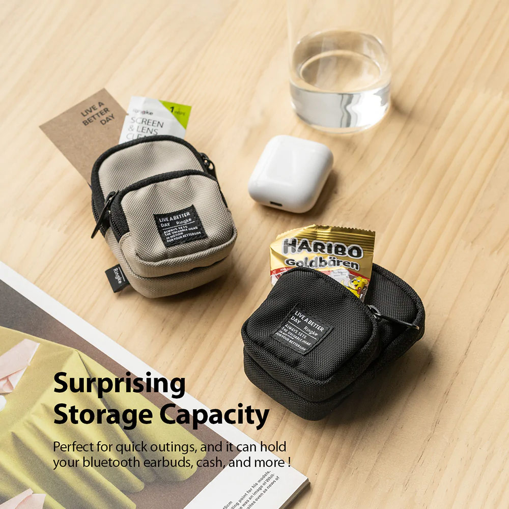 Picture of Ringke Mini Pouch Two Pocket Bag Miniature with Zipper Closure with Carabiner for Small Gadgets (Black)