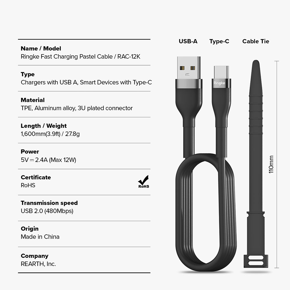 Picture of Ringke Pastel TPE Durable Cable with Cable Tie Organizer QC2.0 Fast Charge USB A to Type C (Black 120cm)