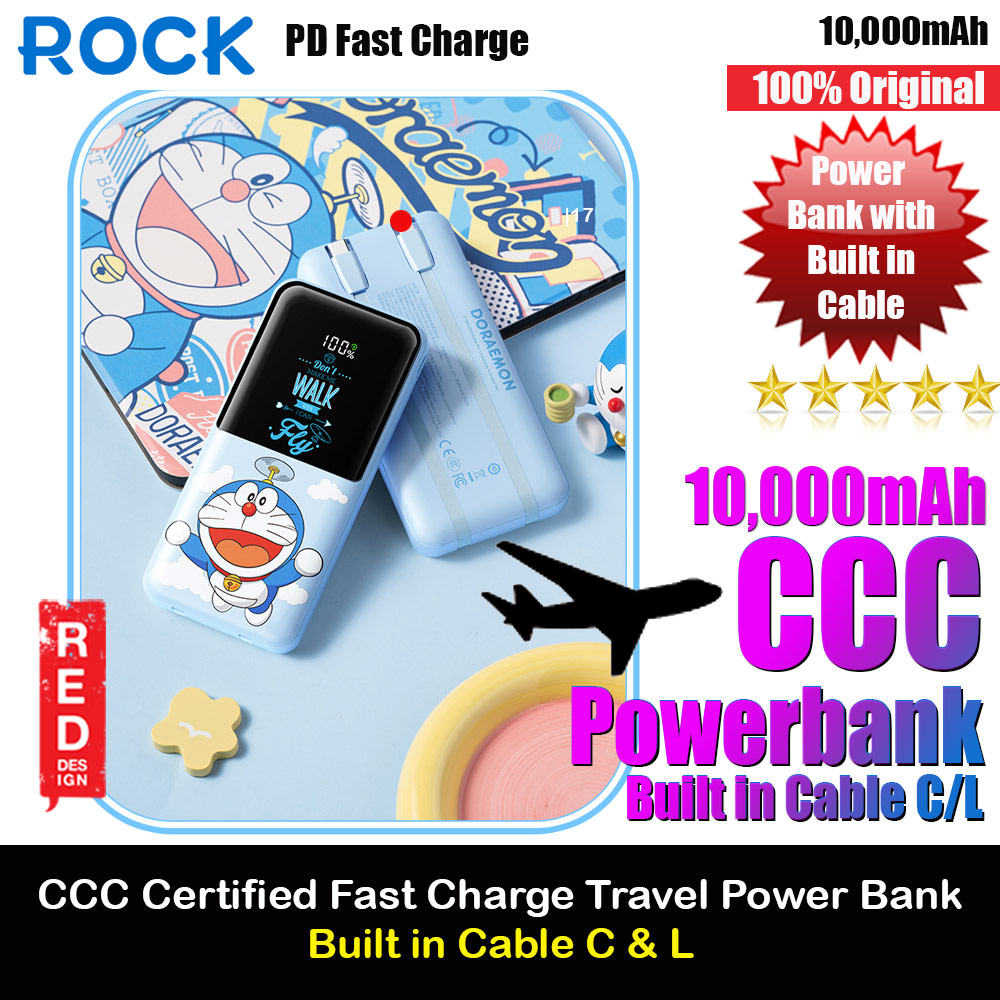 Picture of Rock CCC 3C Certified Power Bank Mini Compact Size PD 22.5W 10000mAh Travel Portable Small Palm Size Compact Mini CCC Power Bank powerbank with Multiple Built in Cable USB C USB L (Doraemon) Red Design- Red Design Cases, Red Design Covers, iPad Cases and a wide selection of Red Design Accessories in Malaysia, Sabah, Sarawak and Singapore 