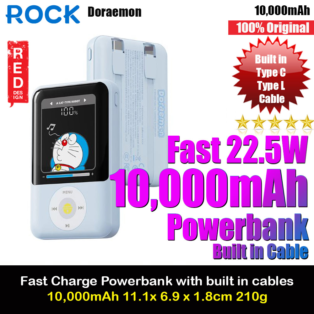 Picture of Rock Mini Compact Size PD 20W 10000mAh Travel Portable Small Palm Size Compact Mini Power Bank powerbank with Multiple Built in Cable USB C USB L (Doraemon) Red Design- Red Design Cases, Red Design Covers, iPad Cases and a wide selection of Red Design Accessories in Malaysia, Sabah, Sarawak and Singapore 