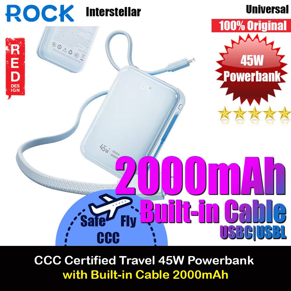 Picture of ROCK Interstellar CCC Certified 45W Power Bank with Built-in Cables 20000mAh Travel Portable Small Palm Size Compact Mini Power Bank powerbank with Multiple Built in Cable USB C USB L (Blue) Red Design- Red Design Cases, Red Design Covers, iPad Cases and a wide selection of Red Design Accessories in Malaysia, Sabah, Sarawak and Singapore 