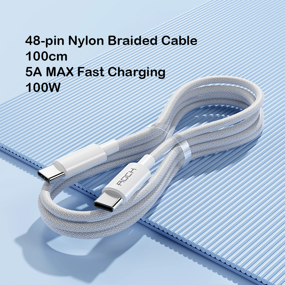 Picture of ROCK Type C to C 100W 5A PD Fast Charge Flash Charge Cable for iPad Pro 11 Huawei Xiaomi Samsung Galaxy Ultra 22 (White)