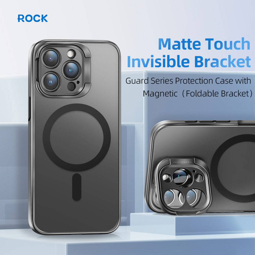 Picture of Apple iPhone 15 Pro Max 6.7 Case | Rock Guard Foldable Lens Bracket Kickstand Magnetic Drop Protection Case for iPhone 15 Pro Max 6.7 (Black)