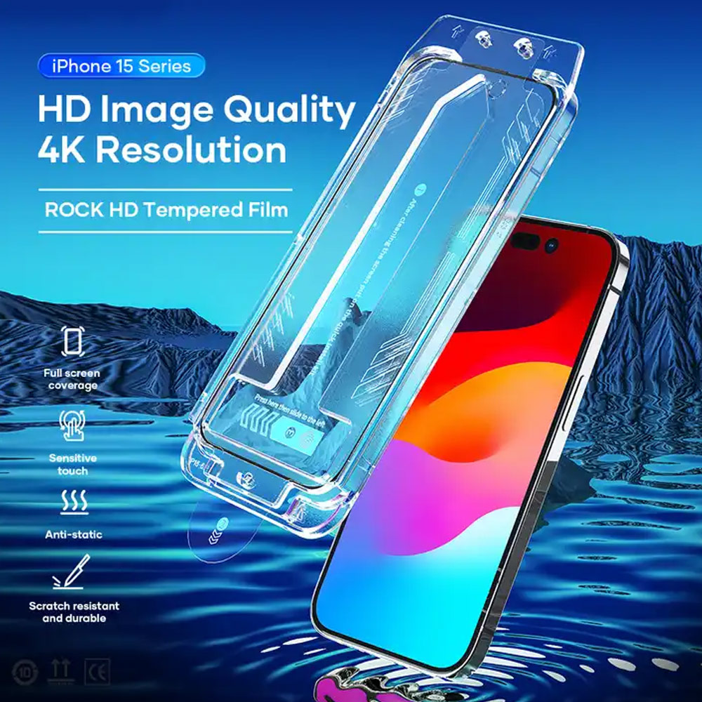 Picture of Apple iPhone 15 Pro Max 6.7  | Rock 4K HD Full Coverage Tempered Glass with Installation Kit Helper for iPhone 15 Pro Max 6.7 (HD Clear)