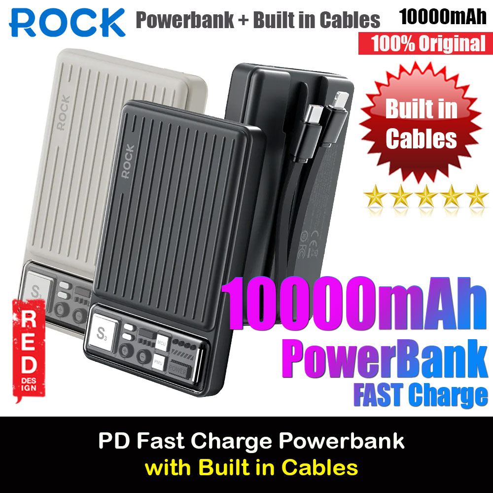Picture of Rock P92 Fast Charge PD 20W 10000mAh Travel Portable Small Palm Size Compact Mini Power Bank powerbank with Multiple Built in Cable USB C USB L (White Beige)