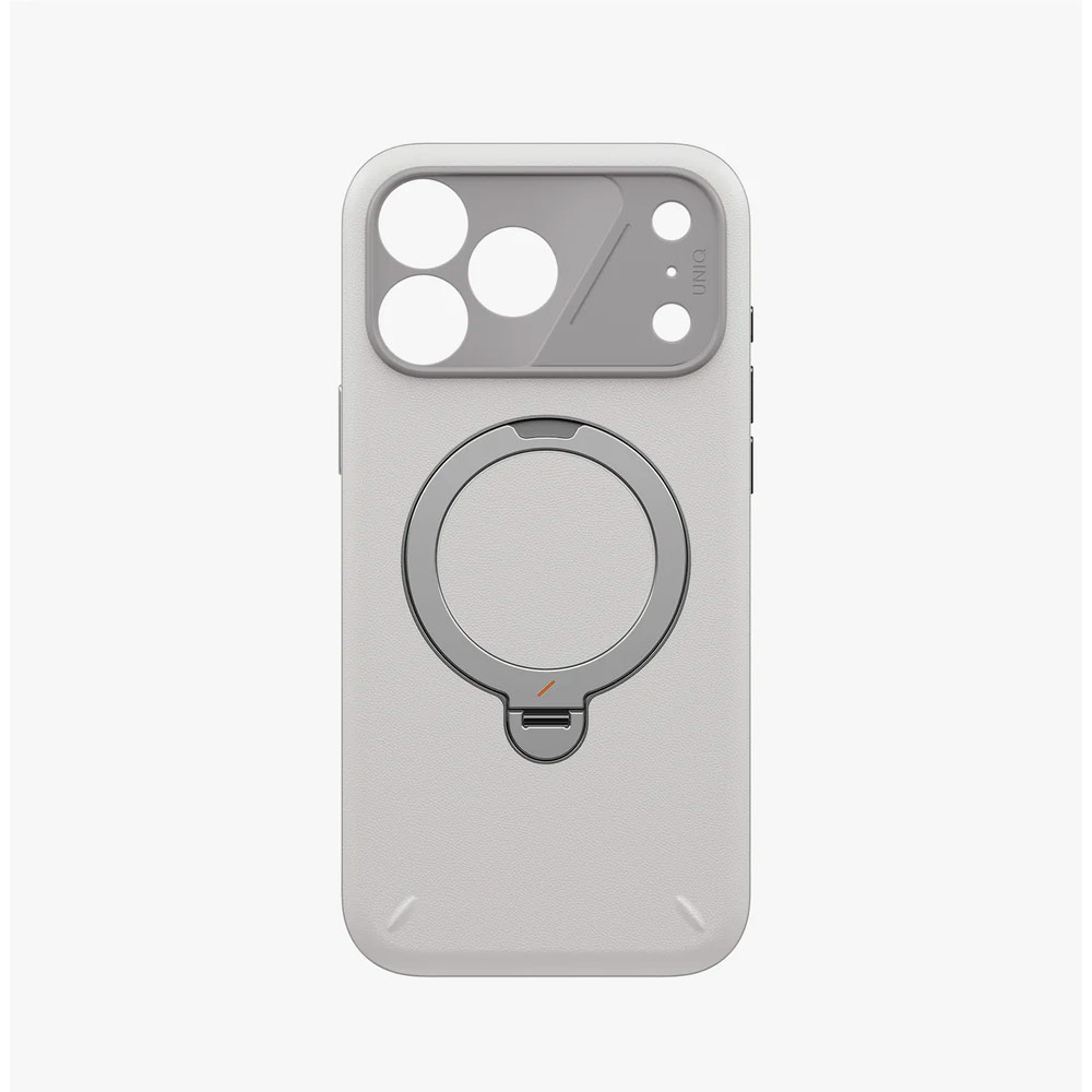 Picture of Apple iPhone 18 Pro Case | Uniq Elix 360 Kickstand Leather Drop Protection Magnetic Case with Camera Control Button for iPhone 18 Pro - Cloud Stone